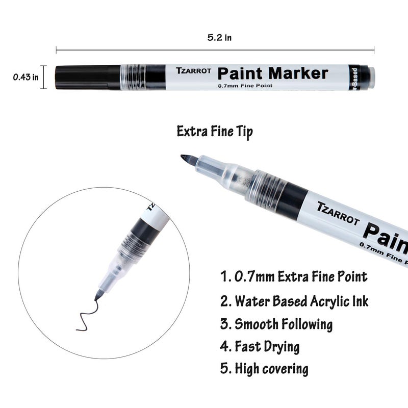 TZARROT White Paint Pen, 8 Pack 0.7mm Acrylic Paint Pens with 2 White 2 Black 2 Gold 2 Silver Permanent Marker for Wood Rock Fabric Metal Plastic Ceramic Acrylic Markers Extra Fine Tip - Image 4